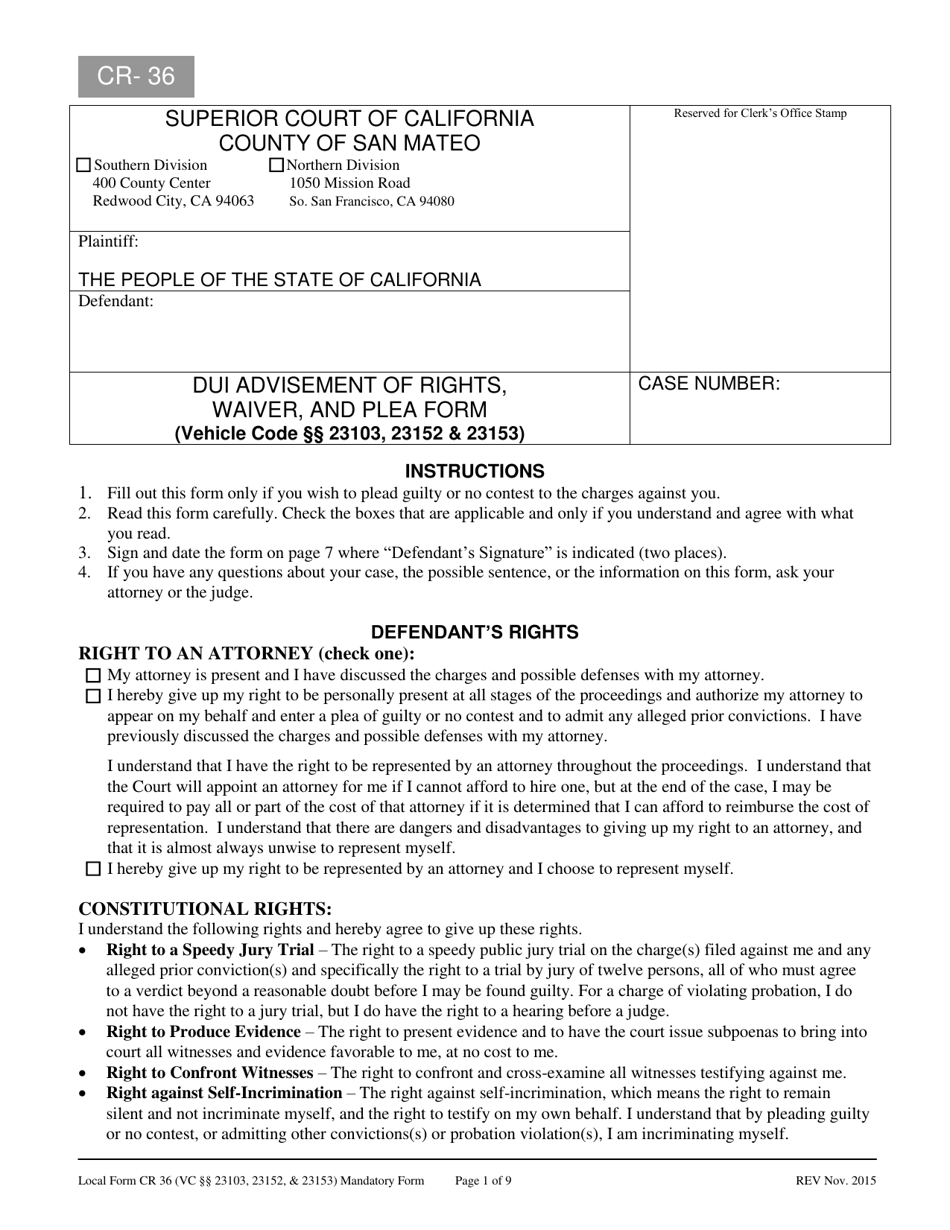 Form CR-36 Dui Advisement of Rights, Waiver, and Plea Form (Vehicle Code 23103, 23152  23153) - County of San Mateo, California, Page 1