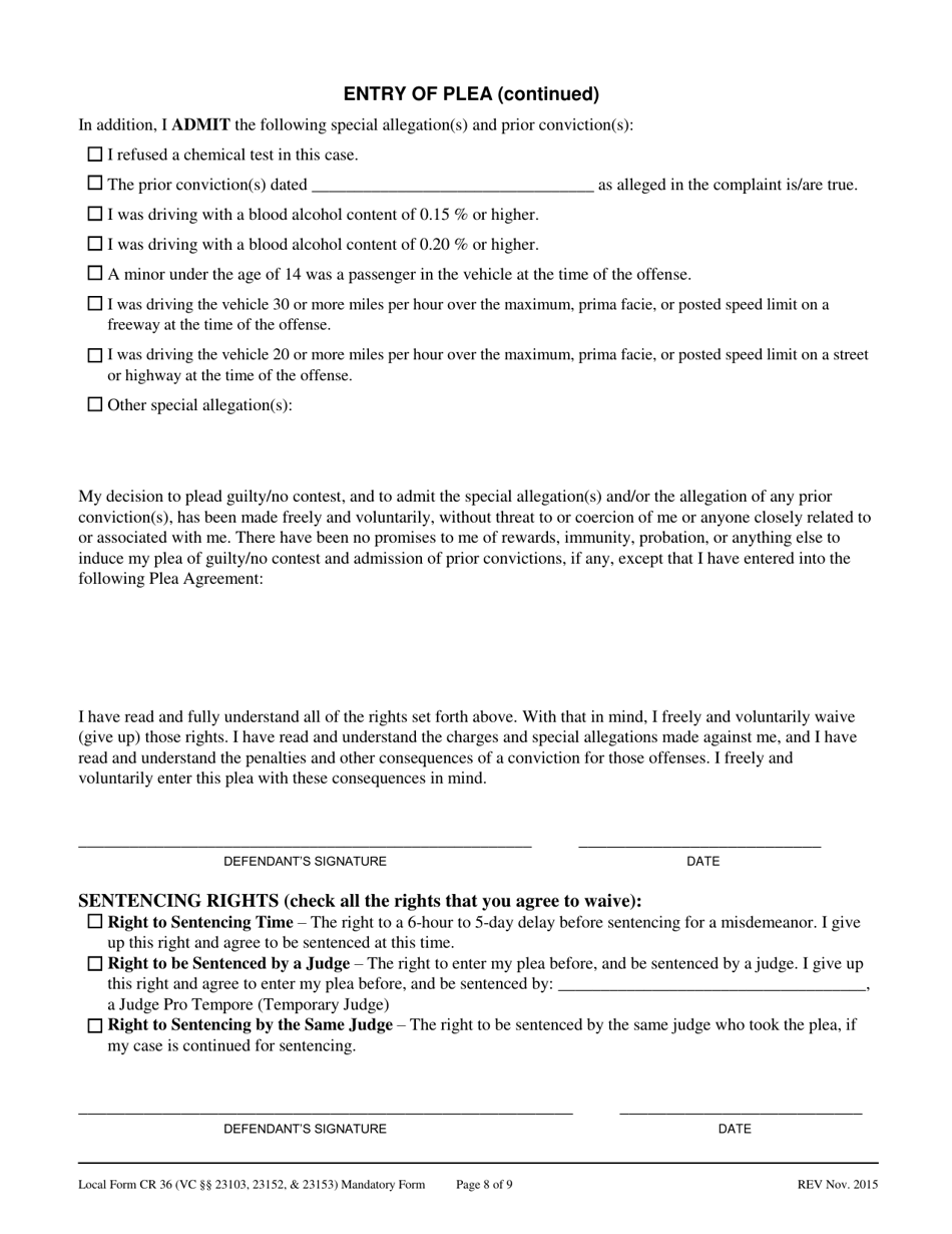 Form CR-36 Dui Advisement of Rights, Waiver, and Plea Form (Vehicle Code 23103, 23152  23153) - County of San Mateo, California, Page 8