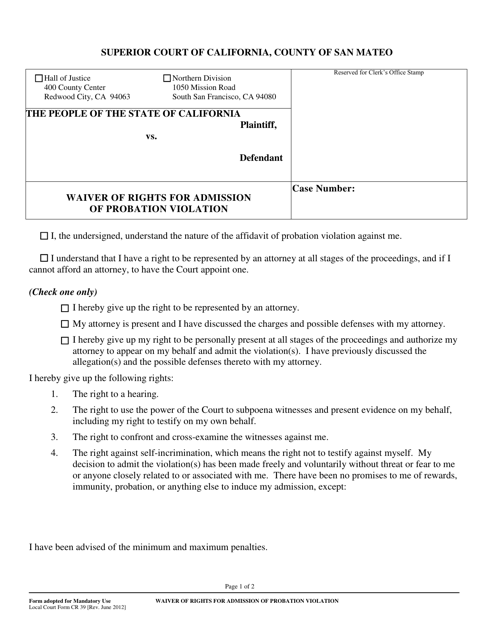 Form CR-39 Waiver of Rights for Admission of Probation Violation - County of San Mateo, California