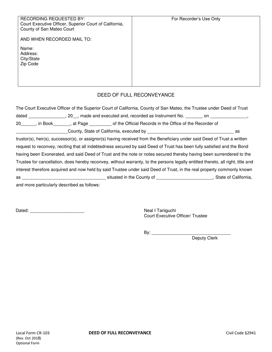 Form CR-103 Deed of Full Reconveyance - County of San Mateo, California, Page 1