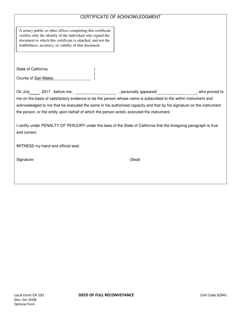Form CR-103 Deed of Full Reconveyance - County of San Mateo, California, Page 2