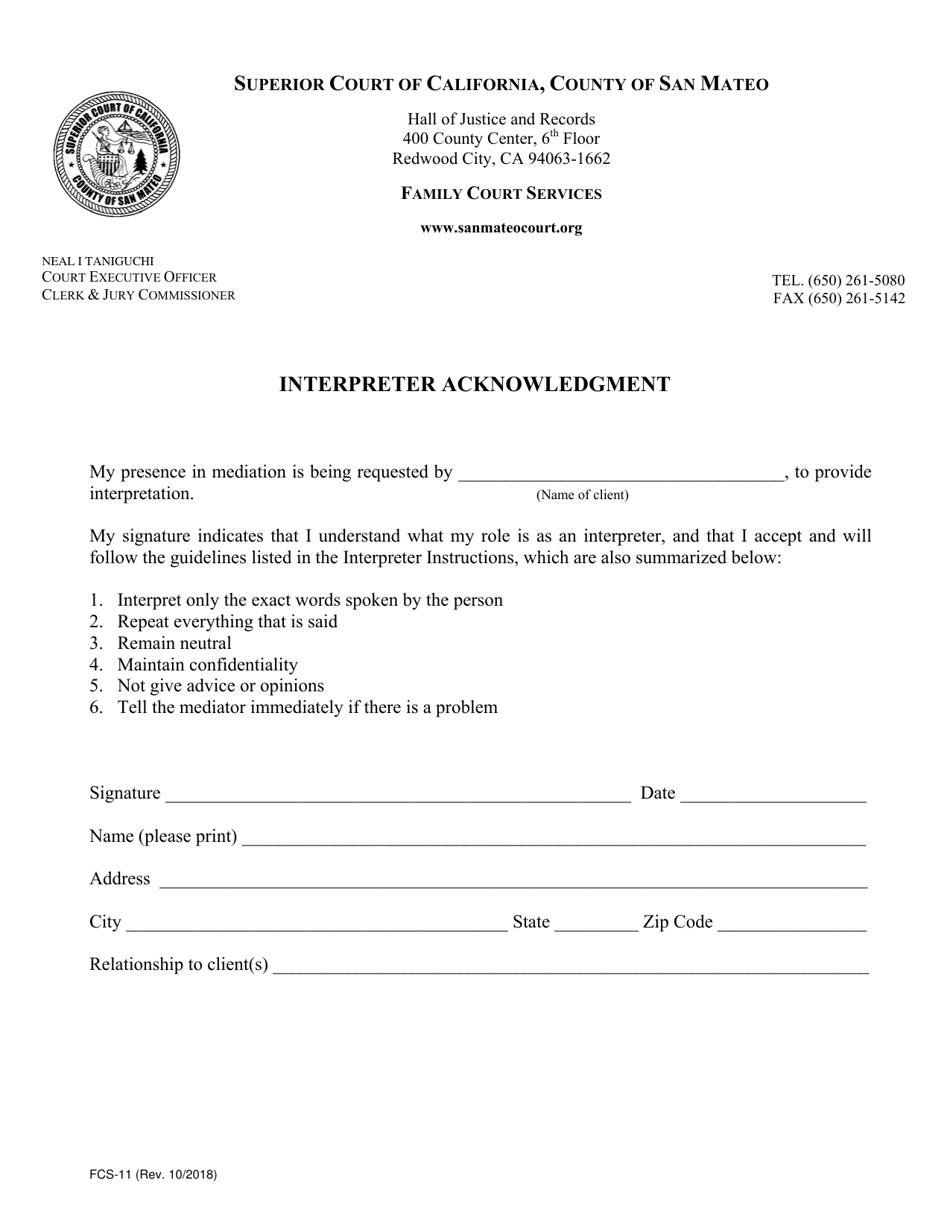 Form FCS-11 Interpreter Acknowledgment - County of San Mateo, California, Page 1