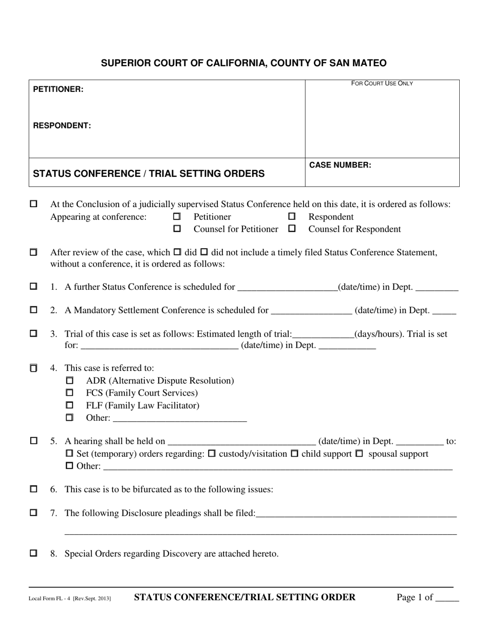 Form FL-4 Status Conference/Trial Setting Orders - County of San Mateo, California, Page 1
