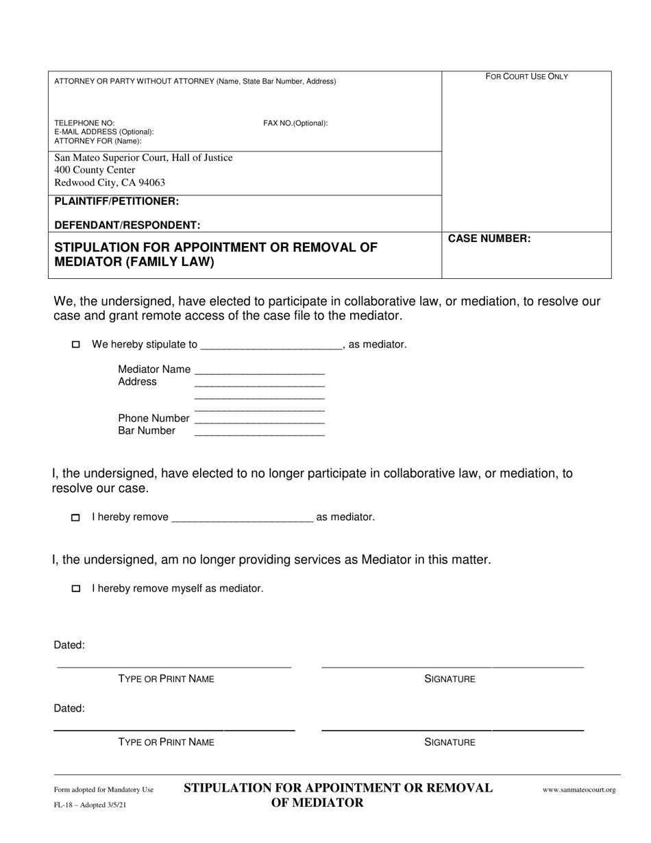 Form FL-18 Stipulation for Appointment or Removal of Mediator (Family Law) - County of San Mateo, California, Page 1
