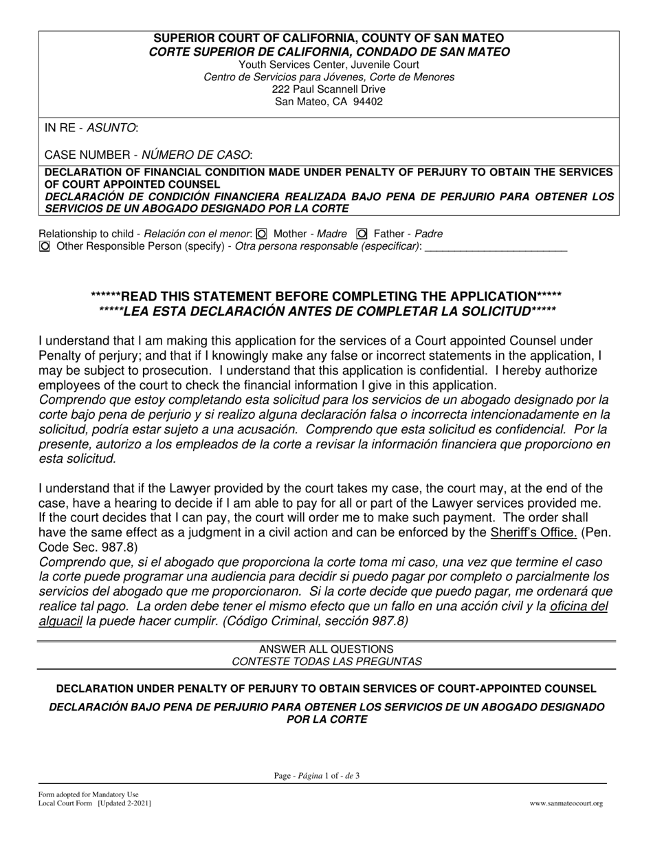 Form JV-12 Declaration of Financial Condition Made Under Penalty of Perjury to Obtain the Services of Court Appointed Counsel - County of San Mateo, California (English / Spanish), Page 1