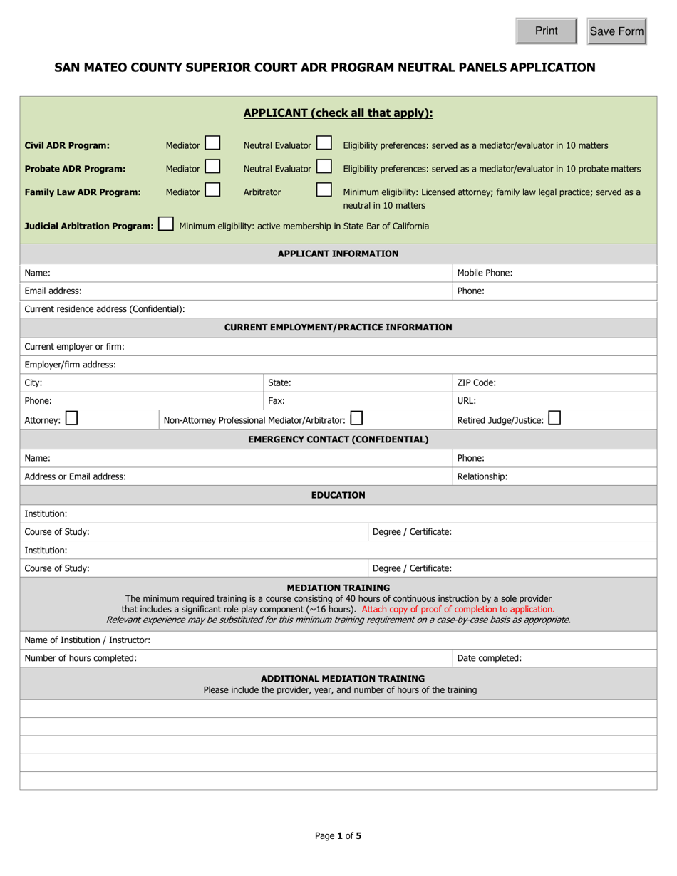 County of San Mateo, California Adr Program Neutral Panels Application ...