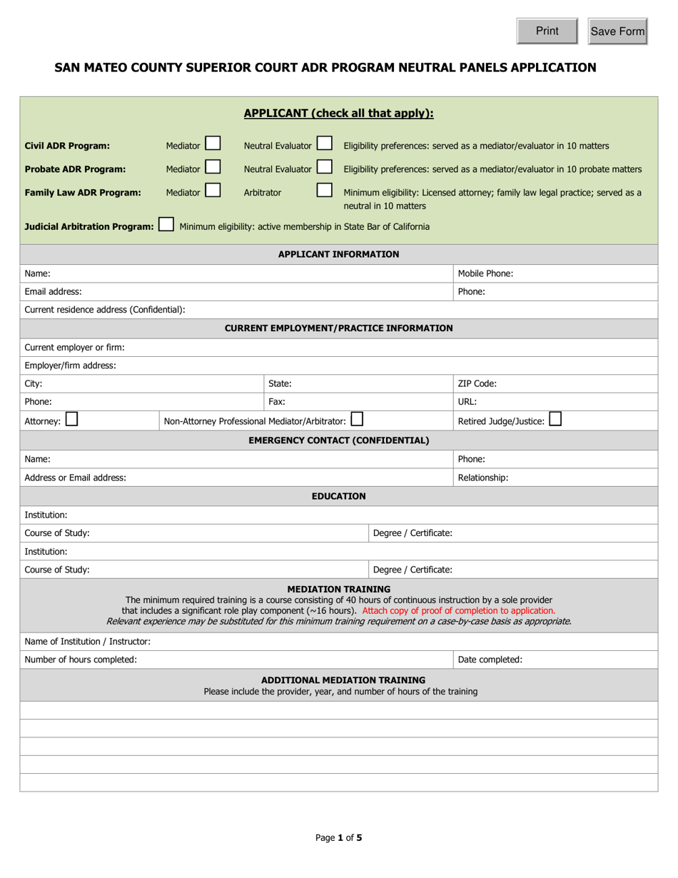 Adr Program Neutral Panels Application - County of San Mateo, California, Page 1