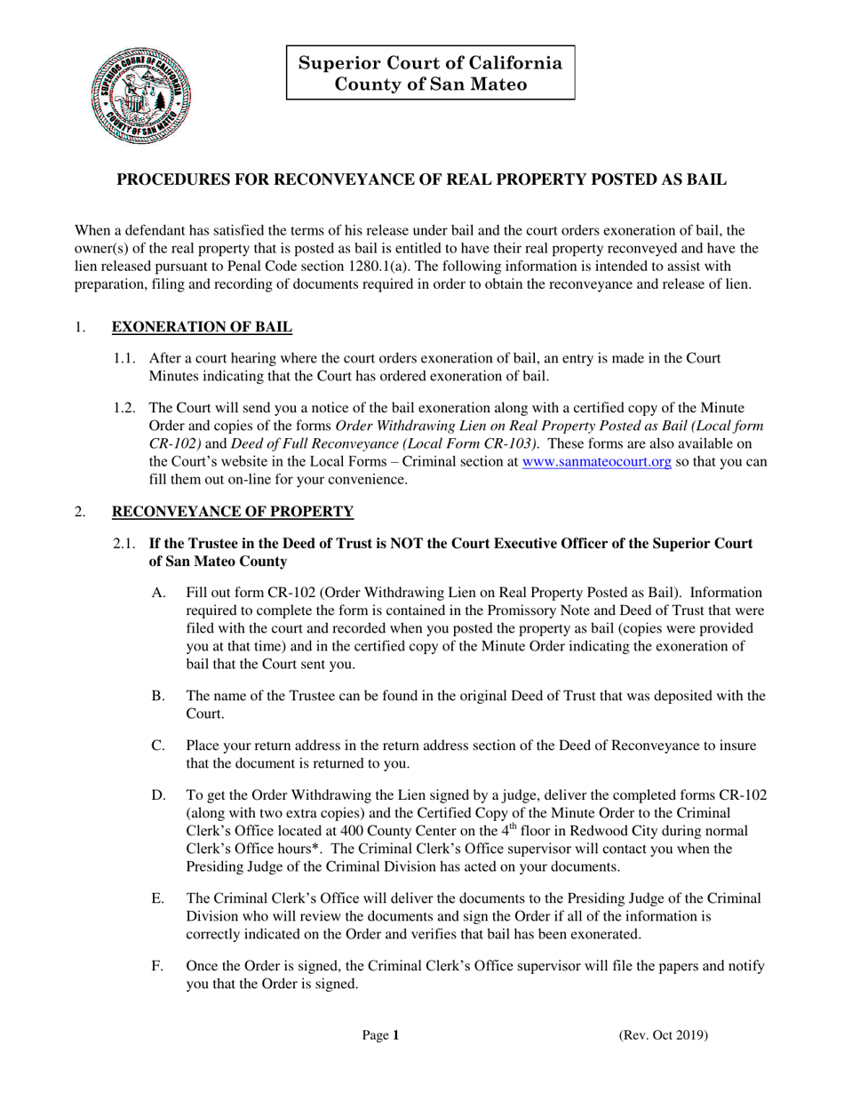Procedures for Reconveyance of Real Property Posted as Bail - County of San Mateo, California, Page 1