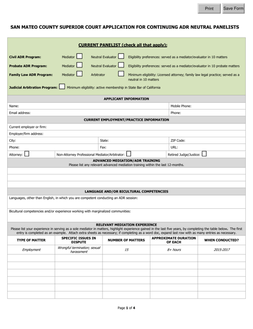 Application for Continuing Adr Neutral Panelists - County of San Mateo, California Download Pdf