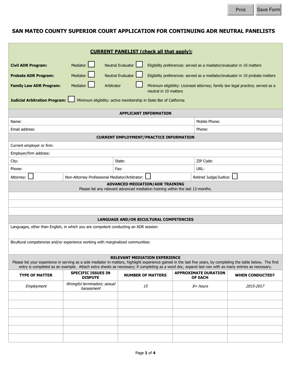 Application for Continuing Adr Neutral Panelists - County of San Mateo, California, Page 1