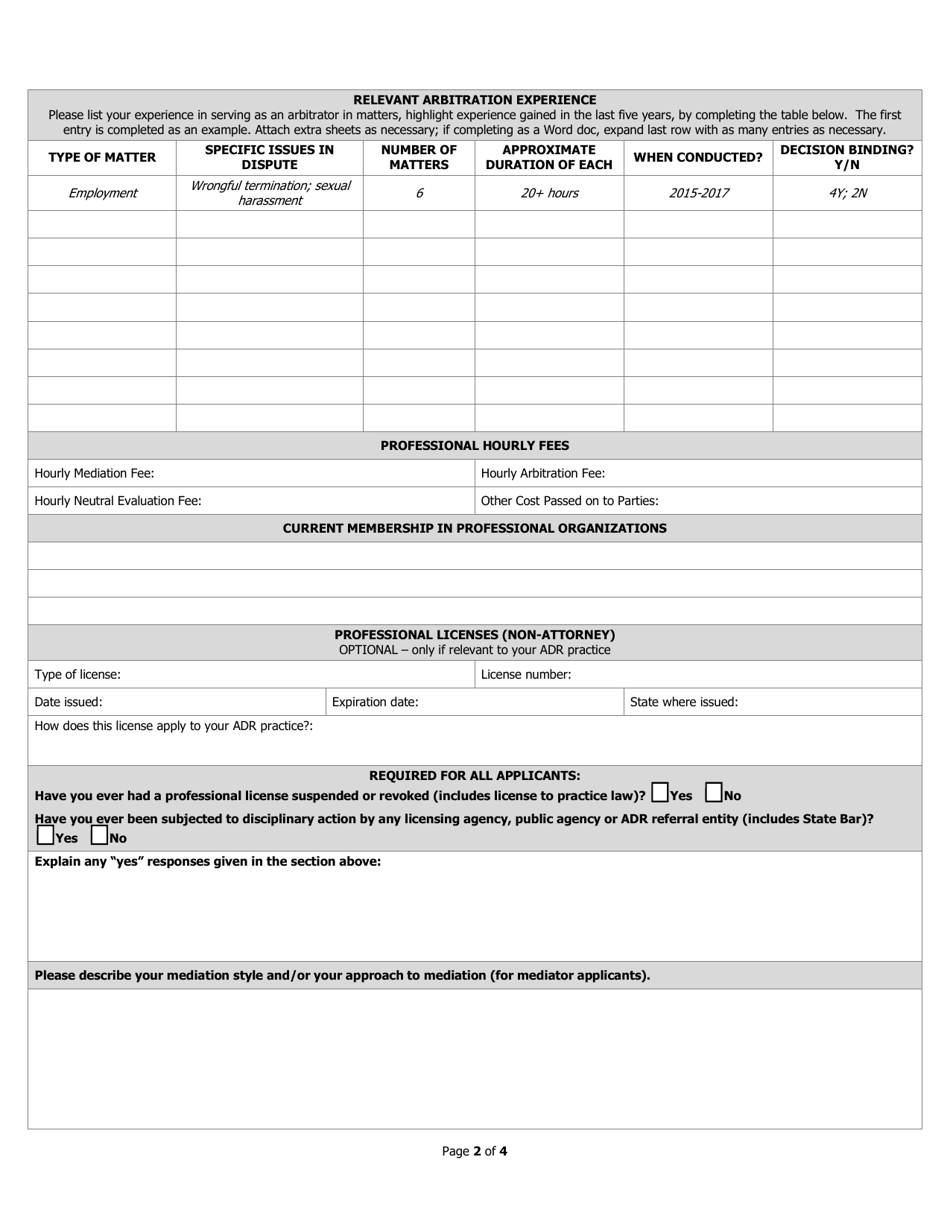 Application for Continuing Adr Neutral Panelists - County of San Mateo, California, Page 2
