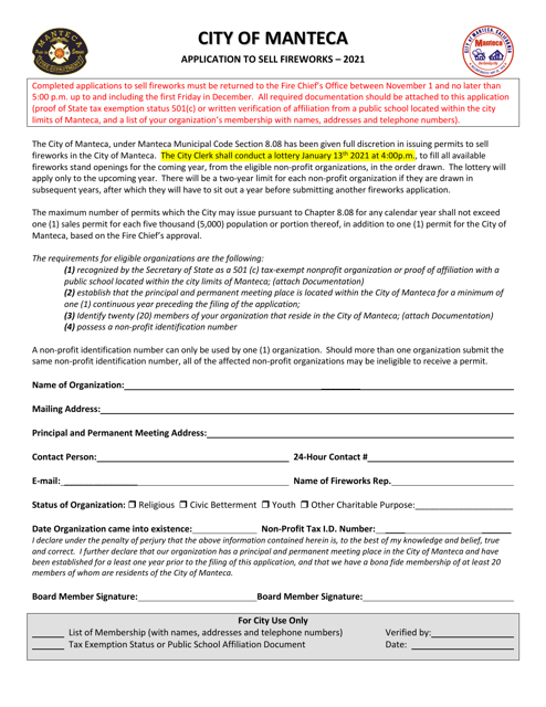 Application to Sell Fireworks - City of Manteca, California Download Pdf