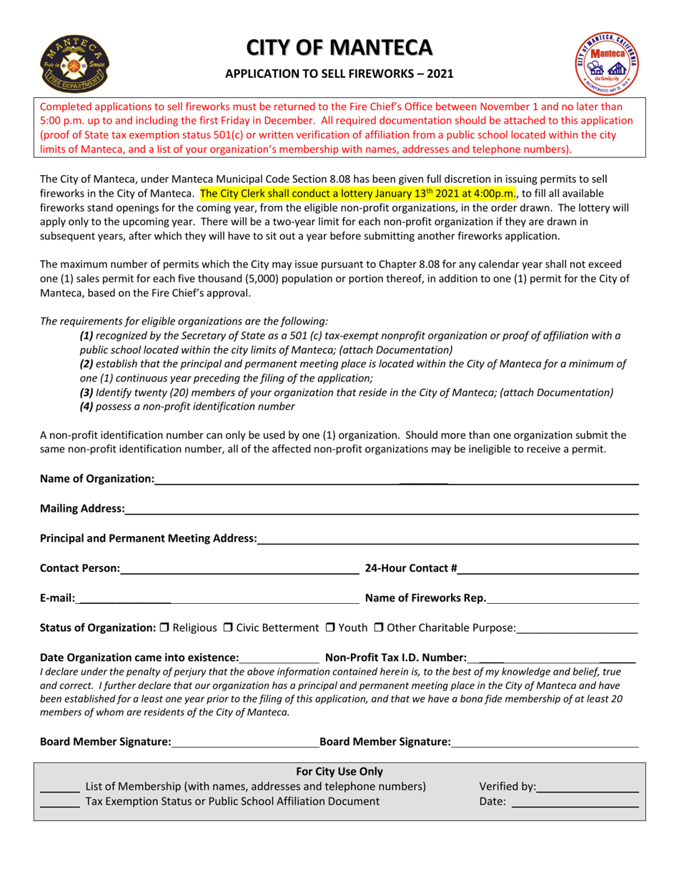 Application to Sell Fireworks - City of Manteca, California, Page 1
