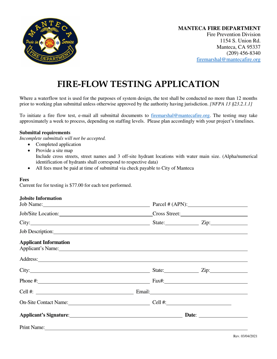 Fire-Flow Testing Application - City of Manteca, California, Page 1