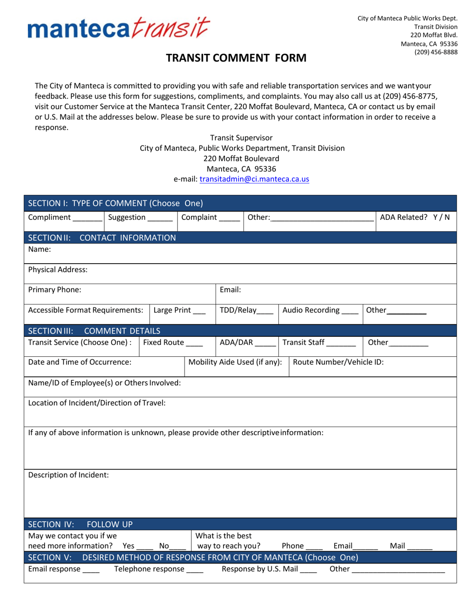 Transit Comment Form - City of Manteca, California, Page 1