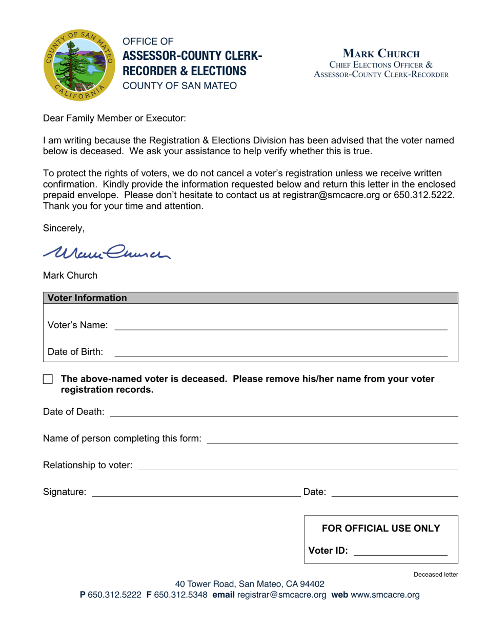 County of San Mateo California Deceased Letter Fill Out Sign Online County of San Mateo California Deceased Letter Fill Out Sign Online