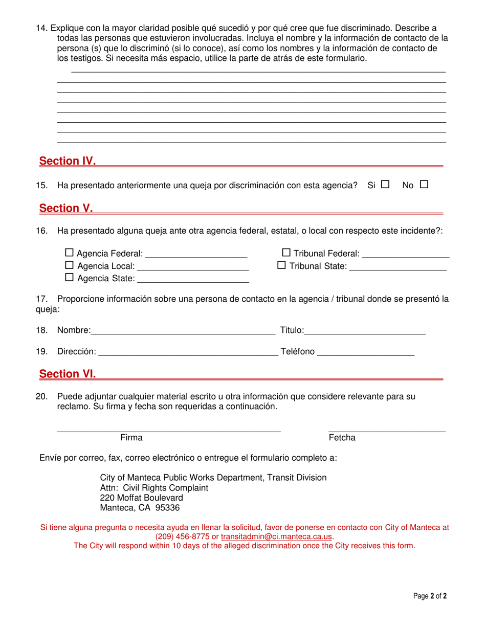 Civil Rights Complaint - City of Manteca, California (Spanish), Page 2