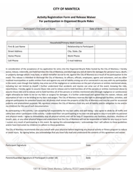Document preview: Activity Registration Form and Release Waiver for Participation in Organized Bicycle Rides - City of Manteca, California