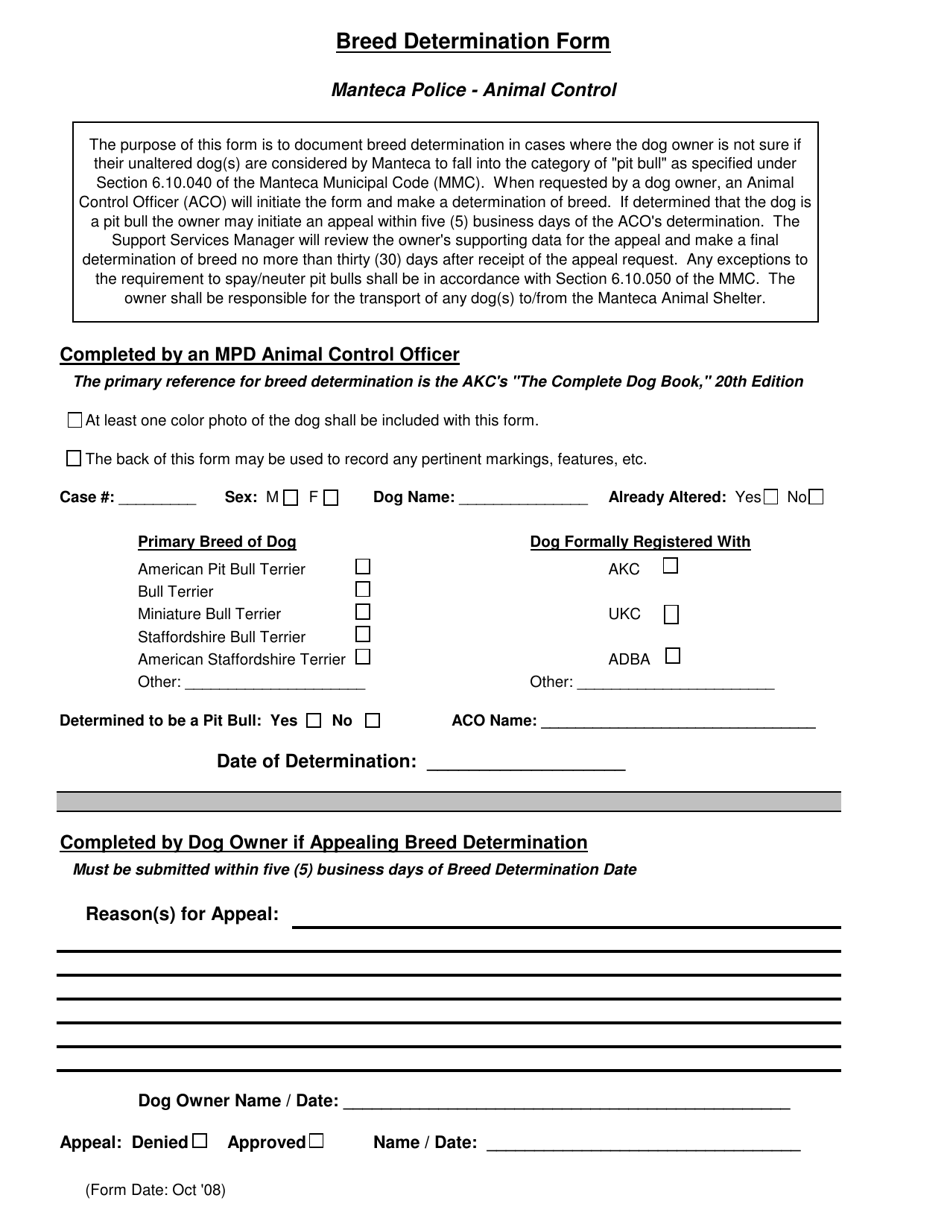 Form 1 Breed Determination Form - City of Manteca, California, Page 1