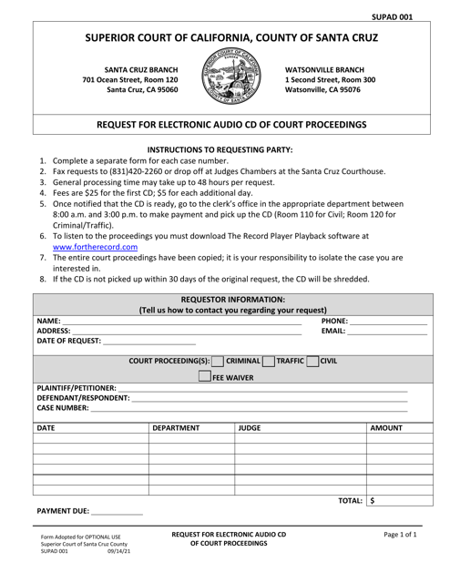 Form SUPAD-001 Request for Electronic Audio Cd of Court Proceedings - County of Santa Cruz, California