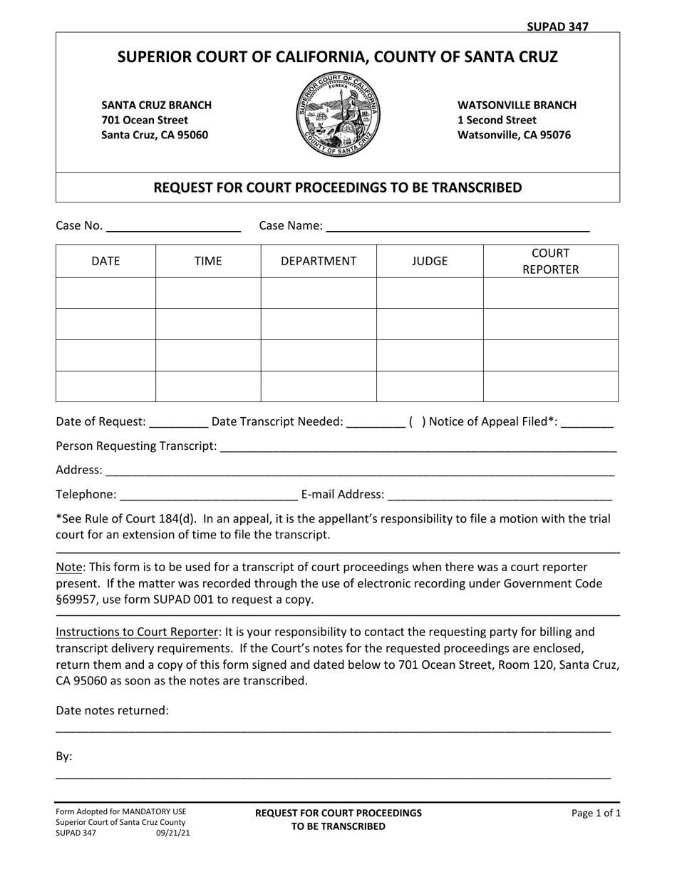 Form SUPAD-347 Request for Court Proceedings to Be Transcribed - County of Santa Cruz, California, Page 1