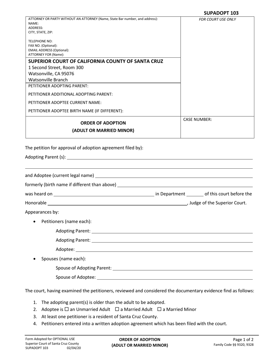 Form SUPADOPT-103 Order of Adoption (Adult or Married Minor) - County of Santa Cruz, California, Page 1
