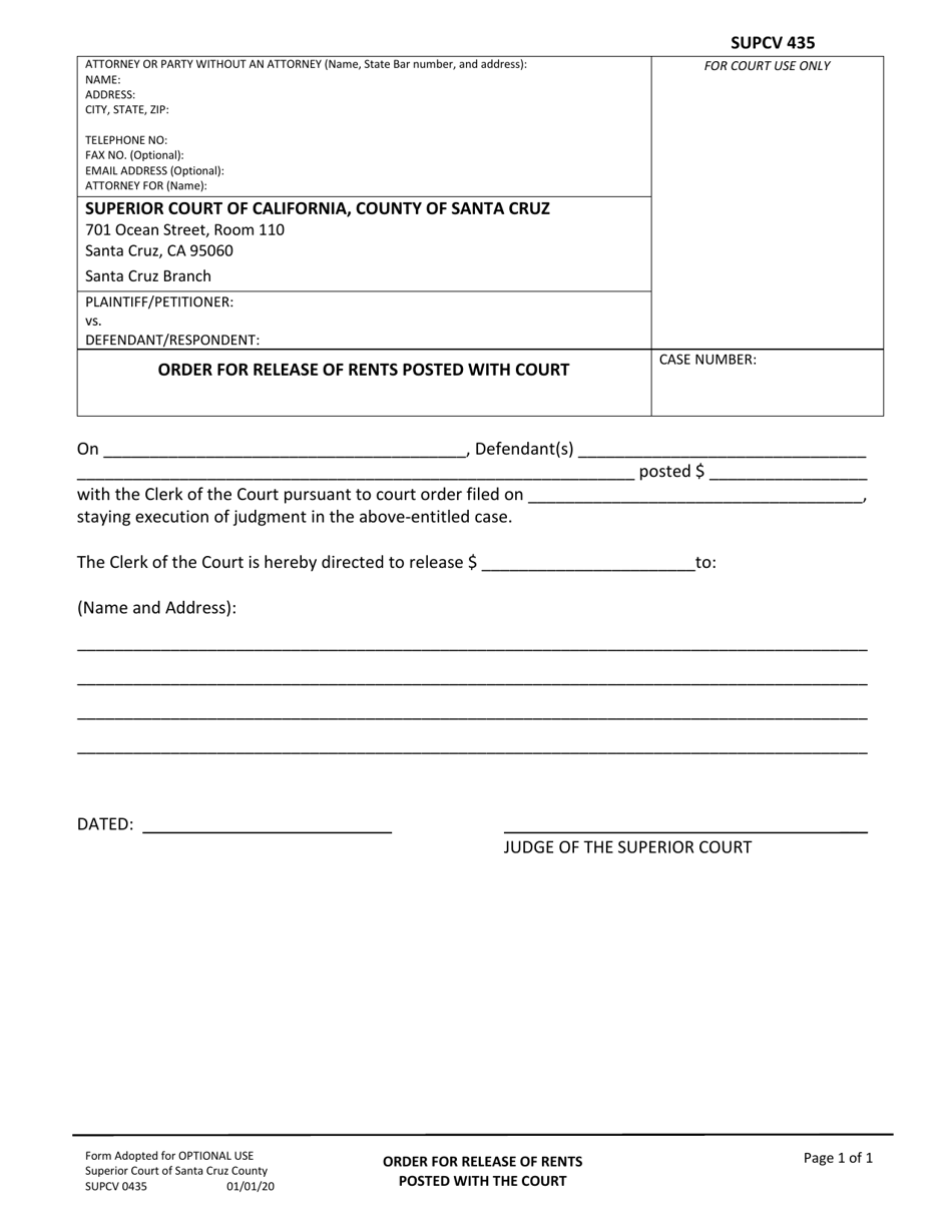 Form SUPCV-435 Order for Release of Rents Posted With Court - County of Santa Cruz, California, Page 1