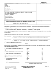 Document preview: Form SUPCV-1013 Application and Stipulation for Order to Continue Trial - County of Santa Cruz, California