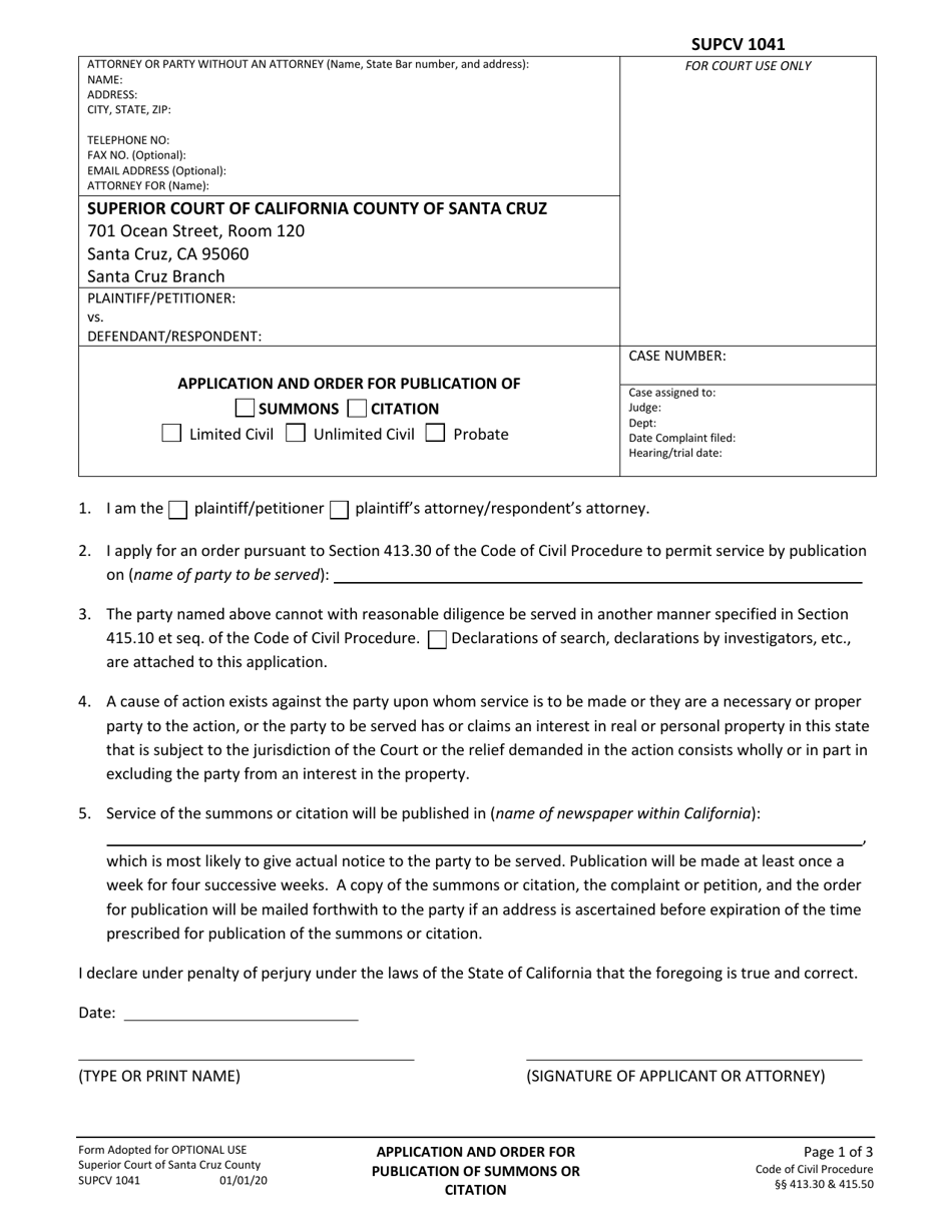 Form SUPCV-1041 Application and Order for Publication of Summons / Citation - County of Santa Cruz, California, Page 1