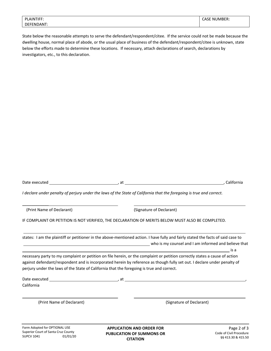 Form SUPCV-1041 Application and Order for Publication of Summons / Citation - County of Santa Cruz, California, Page 2