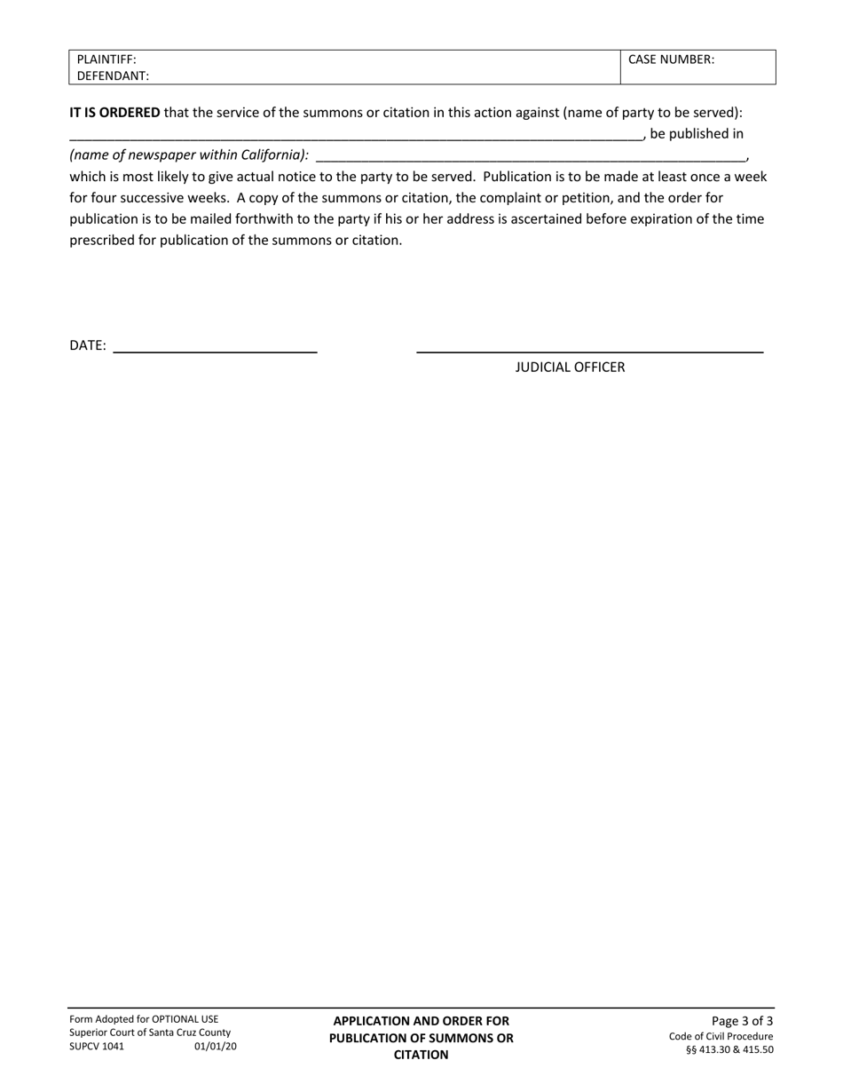 Form SUPCV-1041 Application and Order for Publication of Summons / Citation - County of Santa Cruz, California, Page 3