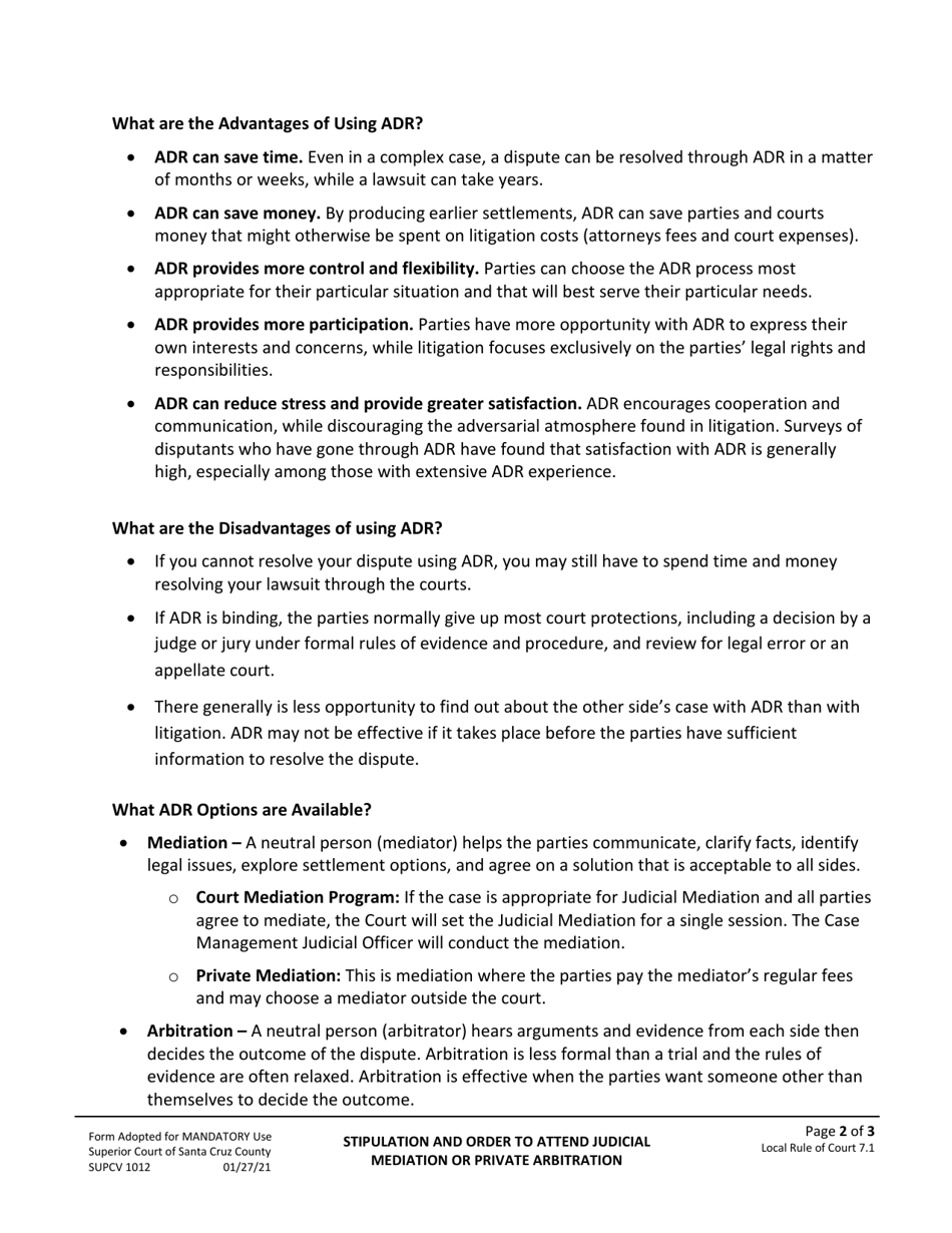 Form SUPCV-1012 Stipulation and Order to Attend Judicial Mediation or Private Arbitration - County of Santa Cruz, California, Page 2