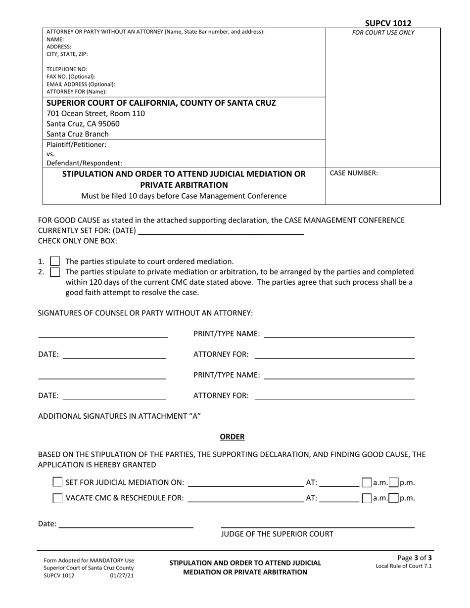 Form SUPCV-1012 - Fill Out, Sign Online and Download Fillable PDF ...