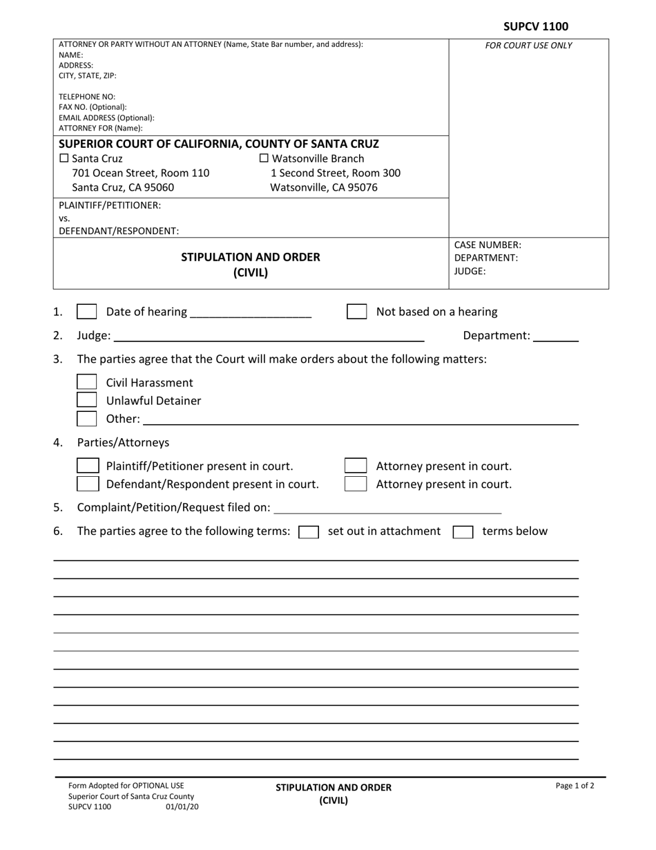 Form SUPCV-1100 Stipulation and Order (Civil) - County of Santa Cruz, California, Page 1