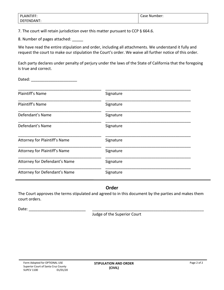 Form SUPCV-1100 Stipulation and Order (Civil) - County of Santa Cruz, California, Page 2
