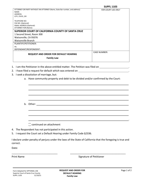Form SUPFL1103 Request and Order for Default Hearing - Family Law - County of Santa Cruz, California