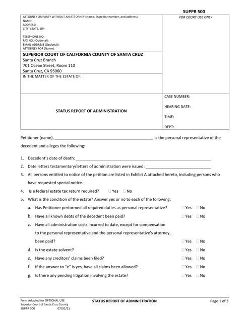 Form SUPPR500 Status Report of Administration - Santa Cruz County, California