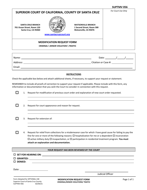 Form SUPTMV056 Modification Request Form - Criminal minor Violation traffic - Santa Cruz County, California