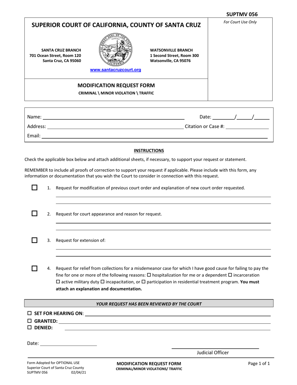 Form SUPTMV056 Modification Request Form - Criminal minor Violation traffic - Santa Cruz County, California, Page 1