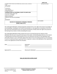 Document preview: Form SUPCR321 Waiver of Defendant's Personal Presence - Santa Cruz County, California