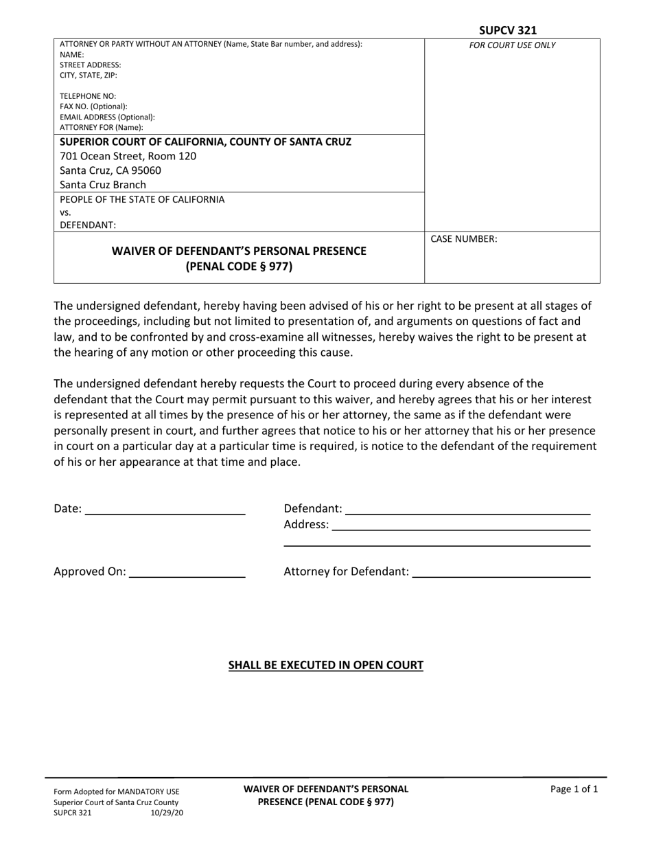 Form SUPCR321 Waiver of Defendant's Personal Presence - Santa Cruz County, California, Page 1