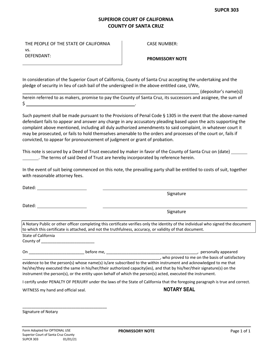 Form SUPCR303 Promissory Note - Santa Cruz County, California, Page 1
