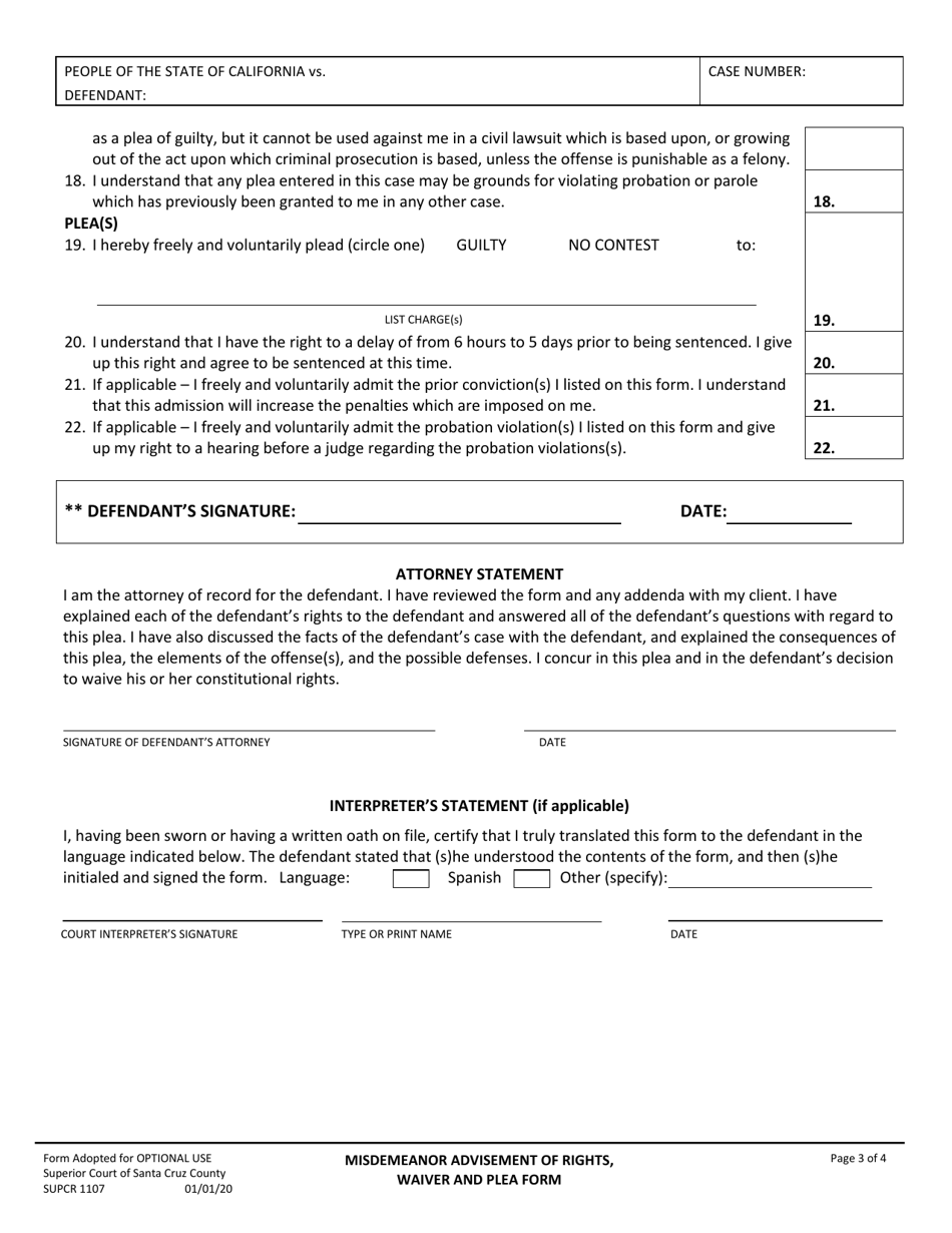 Form SUPCR1107 Misdemeanor Advisement of Rights, Waiver, and Plea Form - Santa Cruz County, California, Page 3