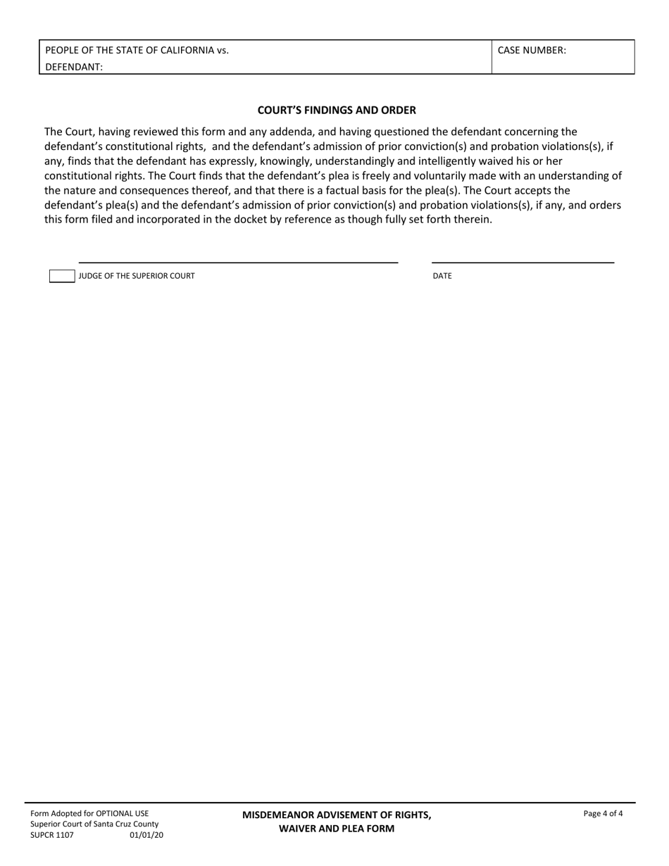 Form SUPCR1107 Misdemeanor Advisement of Rights, Waiver, and Plea Form - Santa Cruz County, California, Page 4