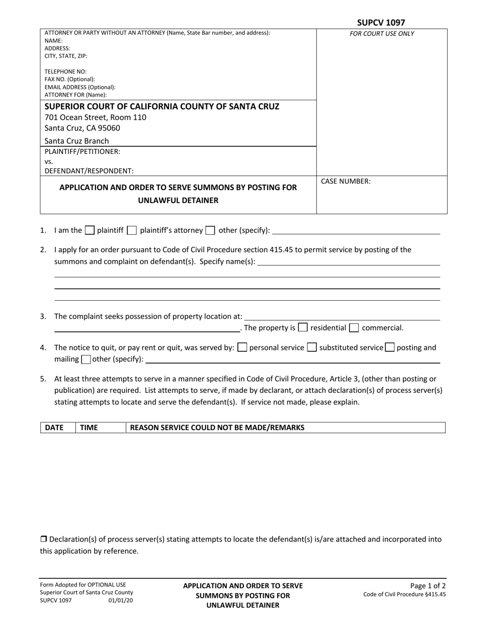 Form SUPCV1097 Application and Order to Serve Summons by Posting for Unlawful Detainer - County of Santa Cruz, California, Page 1
