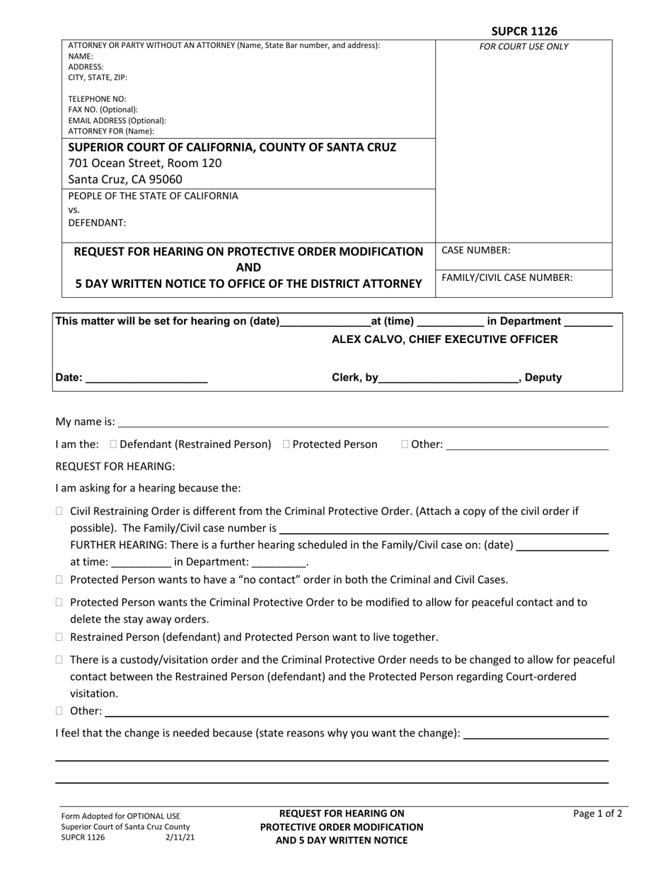 Form SUPCR1126 Request for Hearing on Protective Order Modification and 5 Day Written Notice to Office of the District Attorney - County of Santa Cruz, California, Page 1