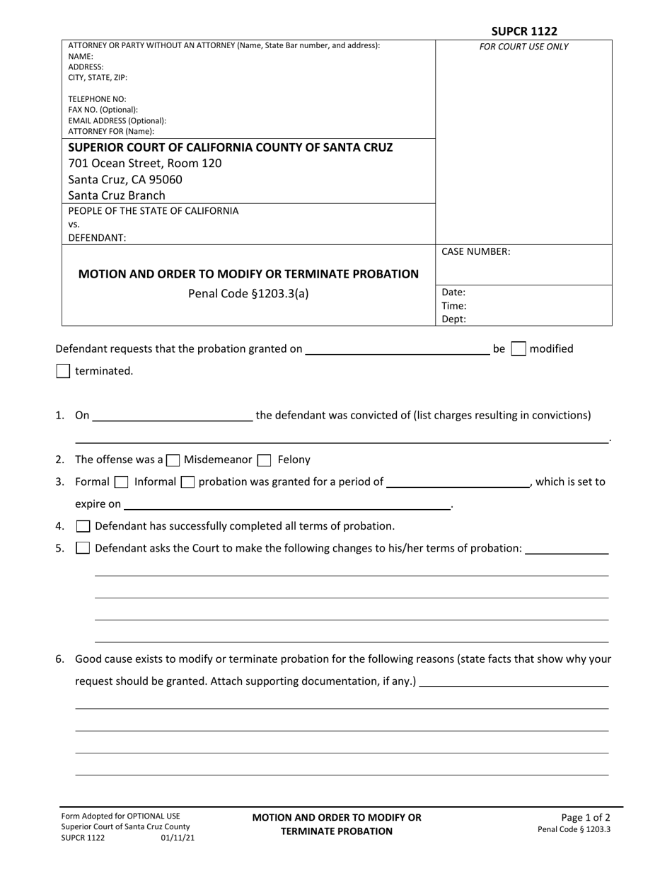 Form SUPCR1122 Motion and Order to Modify or Terminate Probation - County of Santa Cruz, California, Page 1