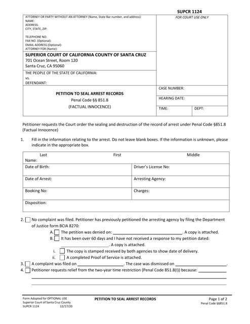 Form SUPCR1124 Petition to Seal Arrest Records - Santa Cruz County, California