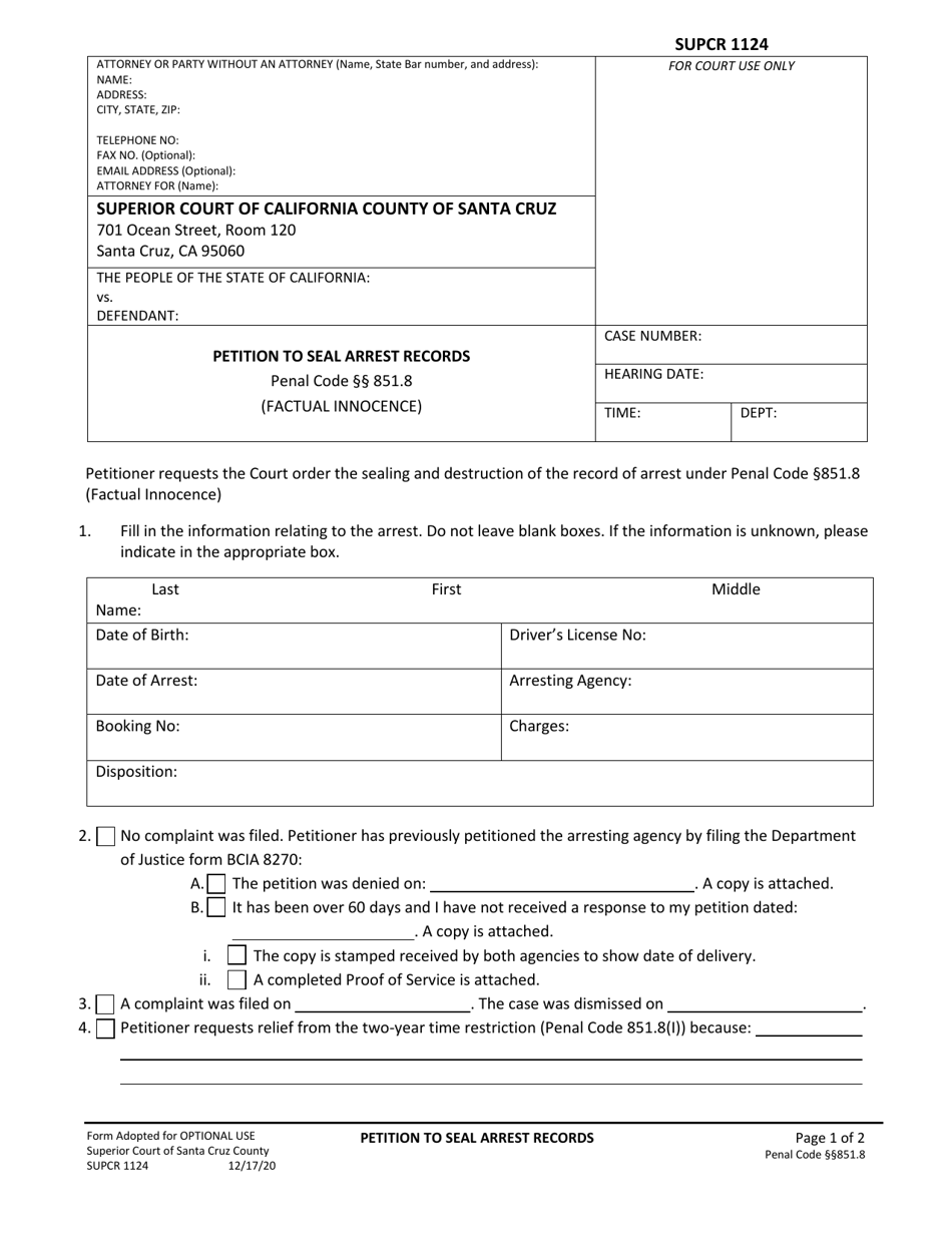 Form SUPCR1124 Petition to Seal Arrest Records - Santa Cruz County, California, Page 1