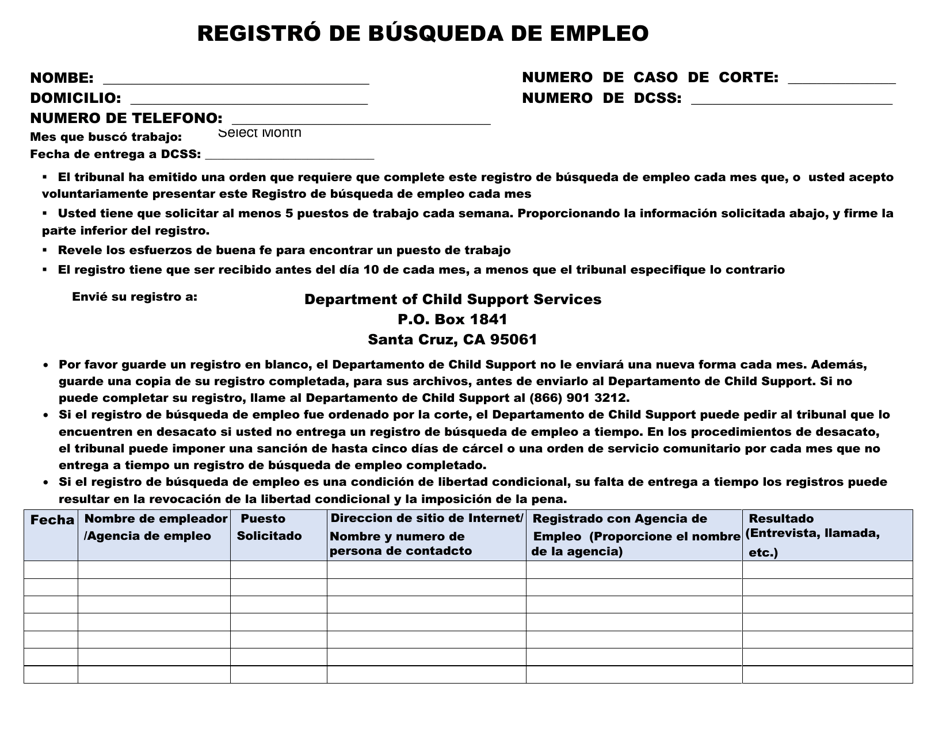 Registro De Busqueda De Empleo - County of Santa Cruz, California (Spanish), Page 1
